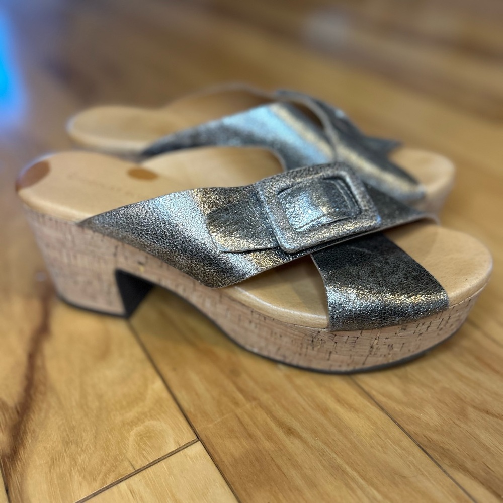 Chocolat Blu Y2K Metallic Pewter Cork Wedge Sandals Chunky Buckle Platform Slide